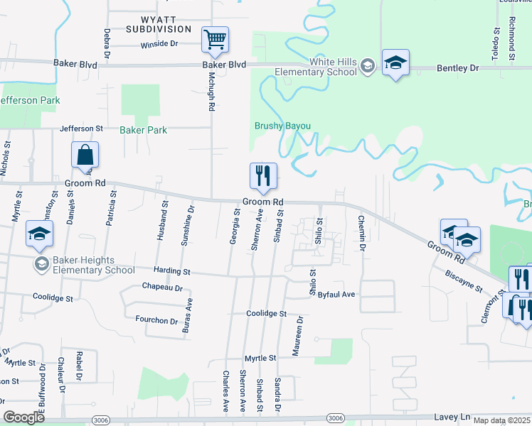 map of restaurants, bars, coffee shops, grocery stores, and more near 1120 Sherron Avenue in Baker