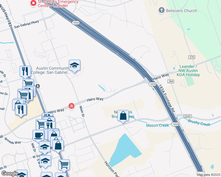 map of restaurants, bars, coffee shops, grocery stores, and more near 404 Ozark Trail in Leander