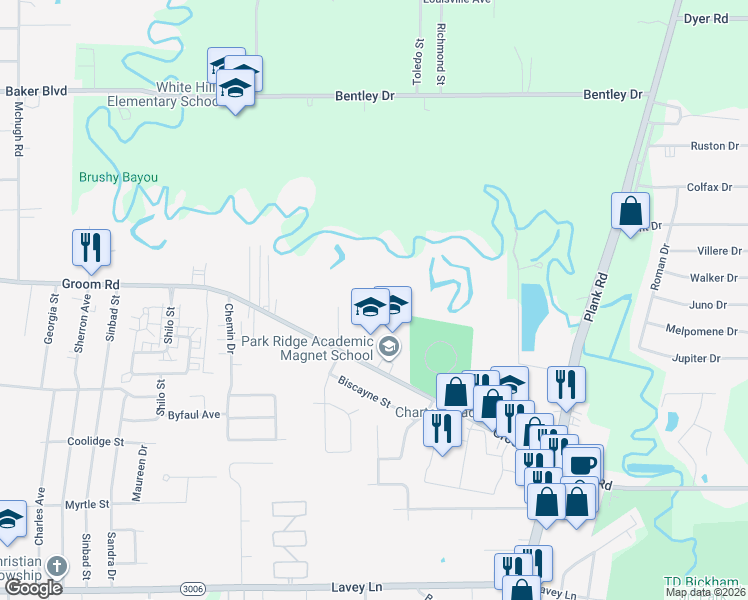 map of restaurants, bars, coffee shops, grocery stores, and more near 6009 Groom Road in Baker