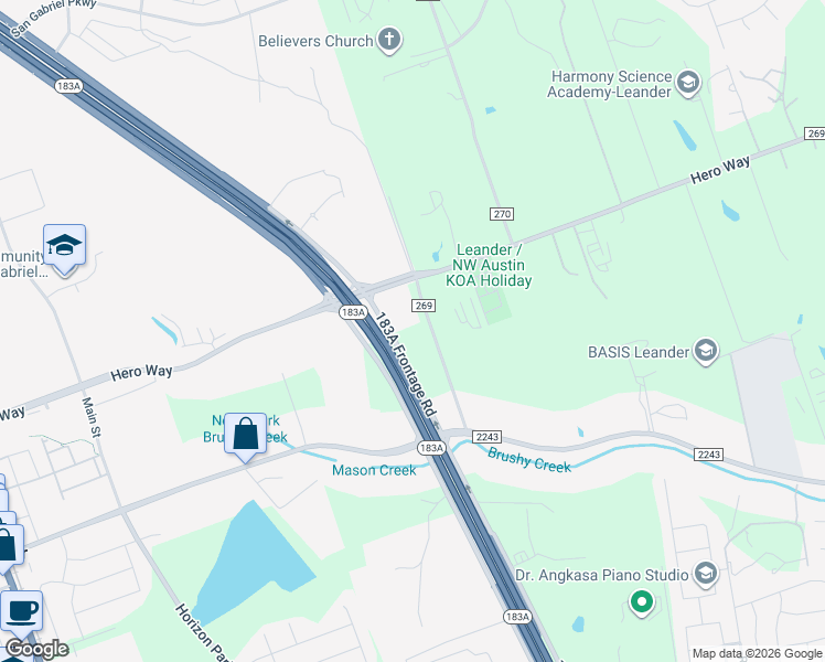 map of restaurants, bars, coffee shops, grocery stores, and more near 1550 County Road 269 in Leander
