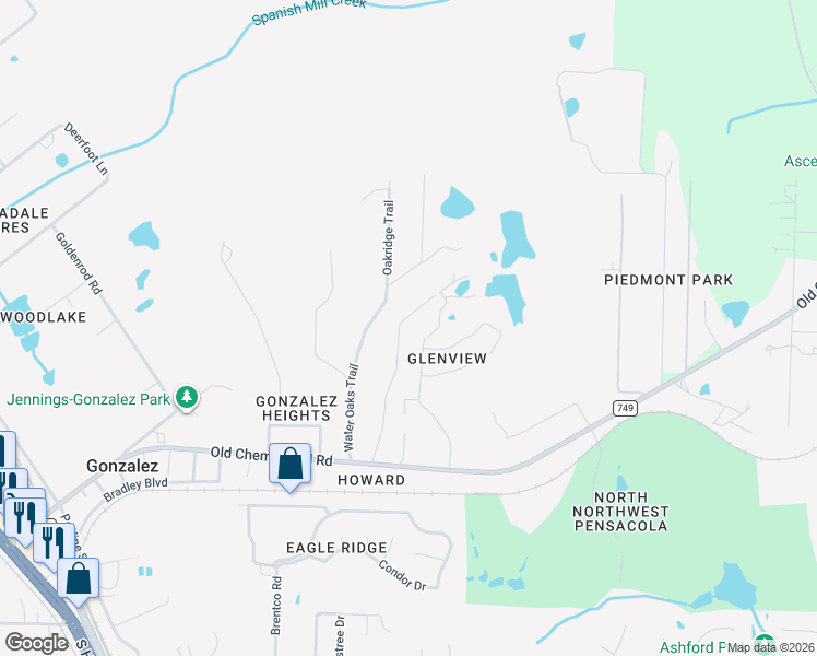 map of restaurants, bars, coffee shops, grocery stores, and more near 1151 Lake Drive in Cantonment