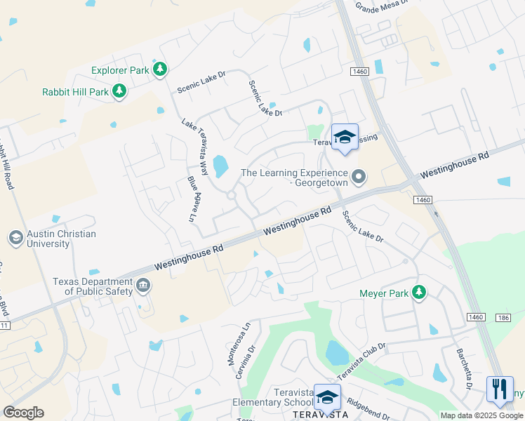 map of restaurants, bars, coffee shops, grocery stores, and more near 201 Summer Azure Street in Georgetown