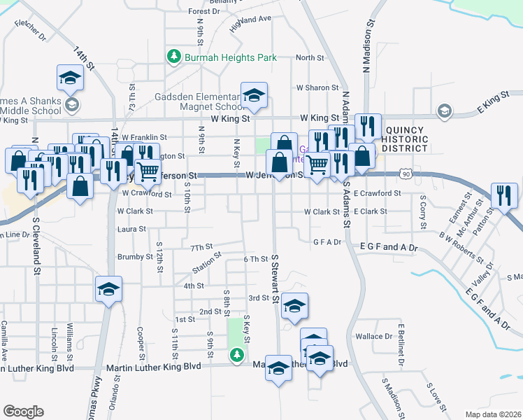 map of restaurants, bars, coffee shops, grocery stores, and more near 117 South Ward Street in Quincy