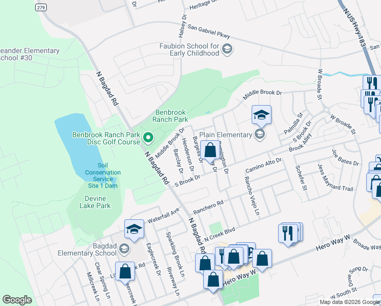 map of restaurants, bars, coffee shops, grocery stores, and more near 1109 Henderson Drive in Leander