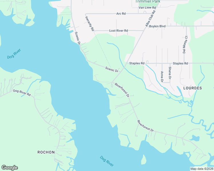 map of restaurants, bars, coffee shops, grocery stores, and more near 2659-3203 Riverforest Drive in Mobile