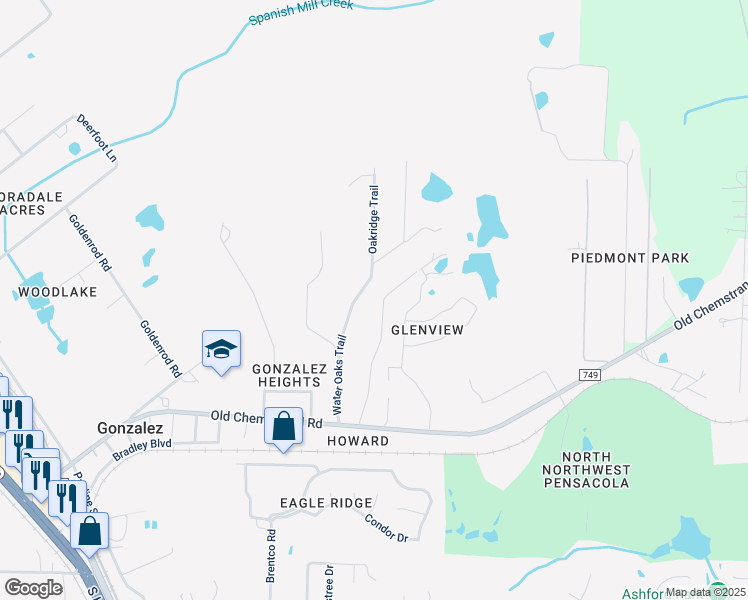 map of restaurants, bars, coffee shops, grocery stores, and more near 1151 Lake Drive in Cantonment