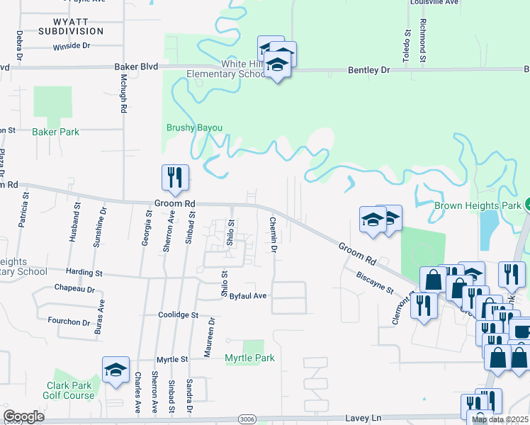 map of restaurants, bars, coffee shops, grocery stores, and more near 5350 Groom Road in Baker