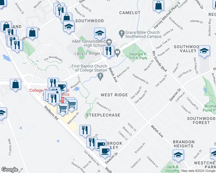 map of restaurants, bars, coffee shops, grocery stores, and more near 611 West Ridge Drive in College Station