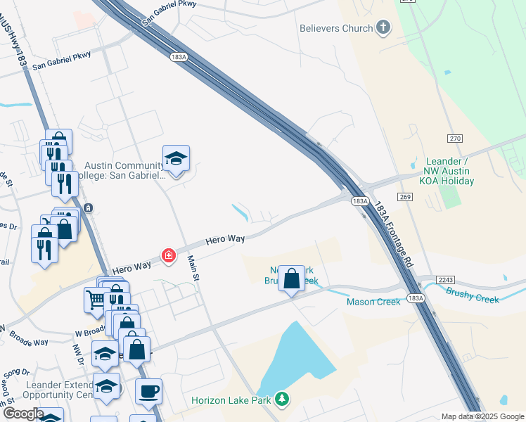 map of restaurants, bars, coffee shops, grocery stores, and more near 404 Ozark Trail in Leander