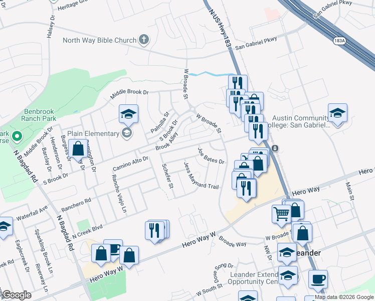 map of restaurants, bars, coffee shops, grocery stores, and more near 444 Longhorn Cavern Road in Leander