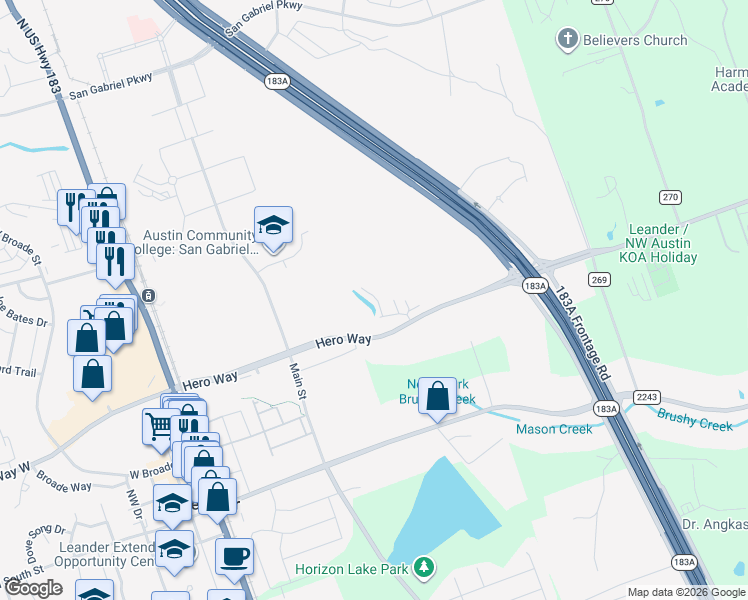 map of restaurants, bars, coffee shops, grocery stores, and more near 460 Leo Lane in Leander