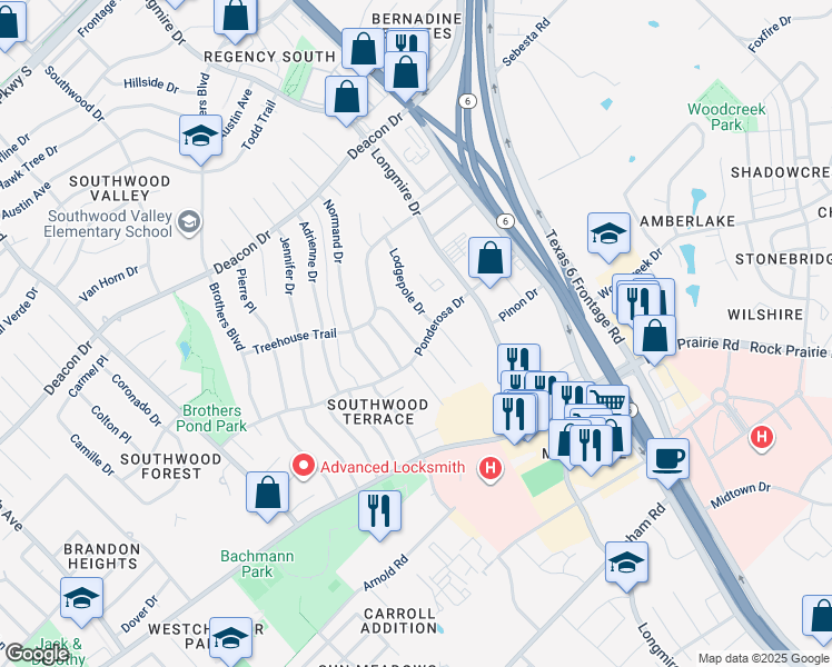 map of restaurants, bars, coffee shops, grocery stores, and more near 3103 Bluestem Drive in College Station