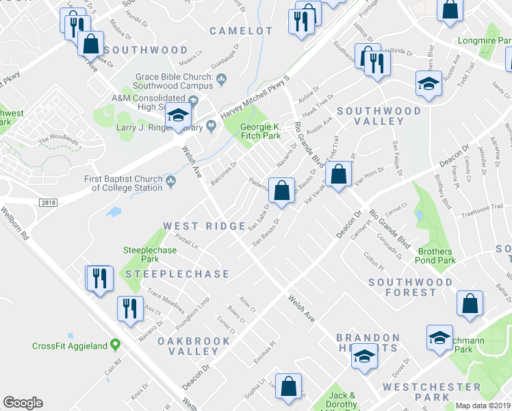 map of restaurants, bars, coffee shops, grocery stores, and more near 806 Navarro Drive in College Station