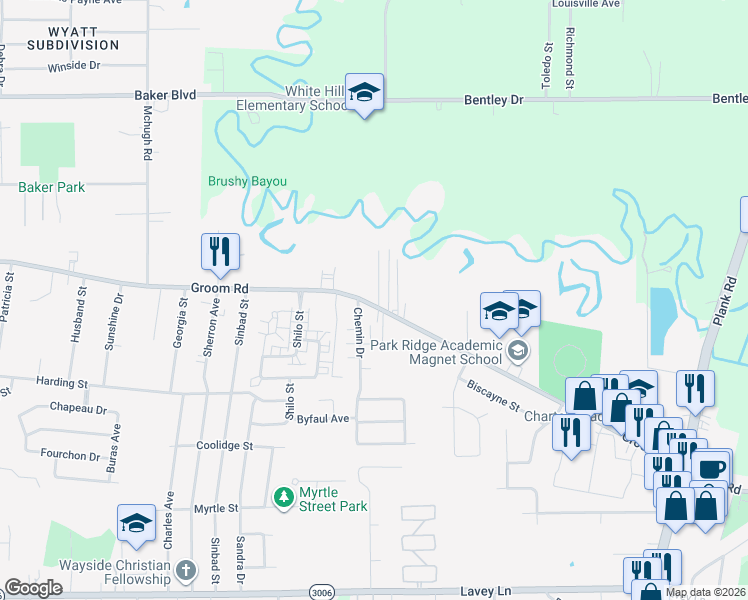 map of restaurants, bars, coffee shops, grocery stores, and more near 5505 Groom Road in Baker