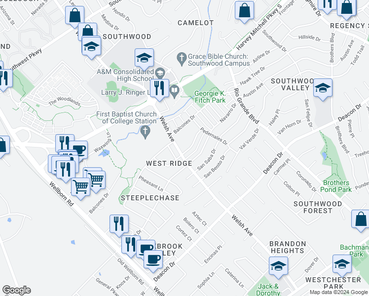 map of restaurants, bars, coffee shops, grocery stores, and more near 705 San Pedro Drive in College Station