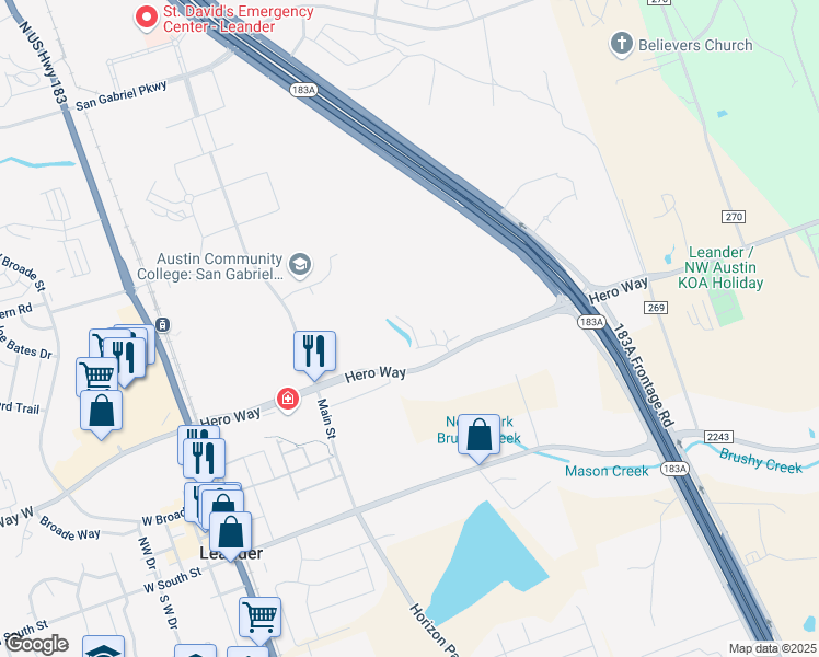map of restaurants, bars, coffee shops, grocery stores, and more near 460 Leo Lane in Leander