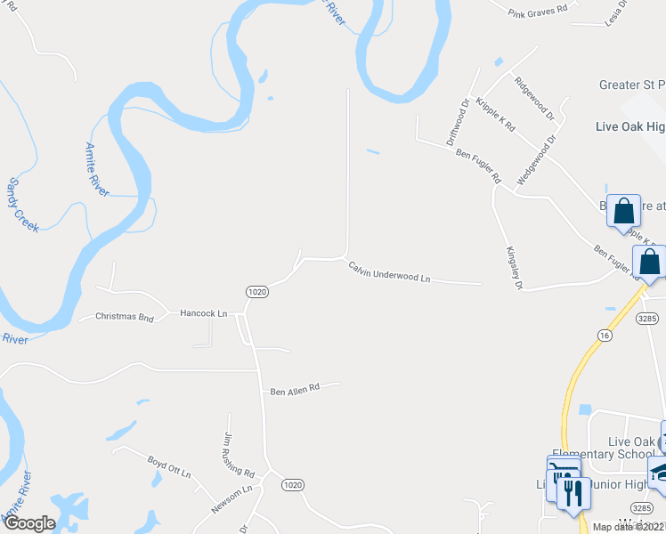 map of restaurants, bars, coffee shops, grocery stores, and more near 35782 Bend Road in Denham Springs