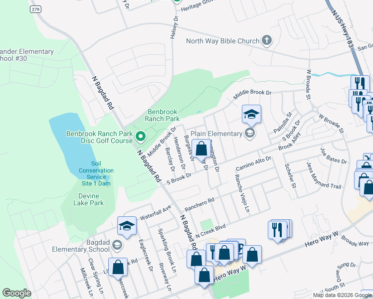 map of restaurants, bars, coffee shops, grocery stores, and more near 1104 Burgess Drive in Leander