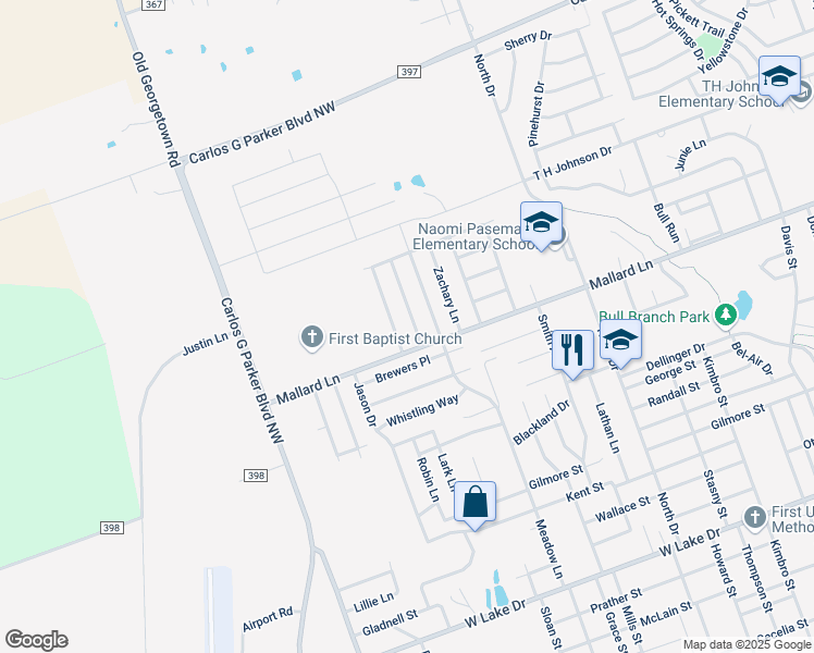 map of restaurants, bars, coffee shops, grocery stores, and more near 2809 Don Hill Lane in Taylor