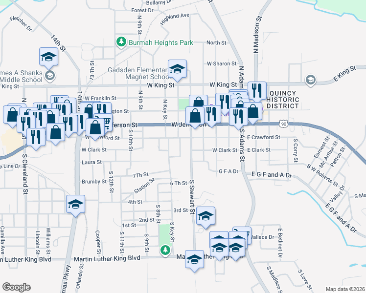 map of restaurants, bars, coffee shops, grocery stores, and more near 117 South Ward Street in Quincy