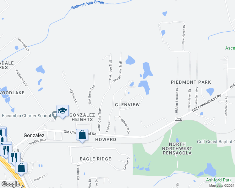 map of restaurants, bars, coffee shops, grocery stores, and more near 1140 Lake Drive in Cantonment
