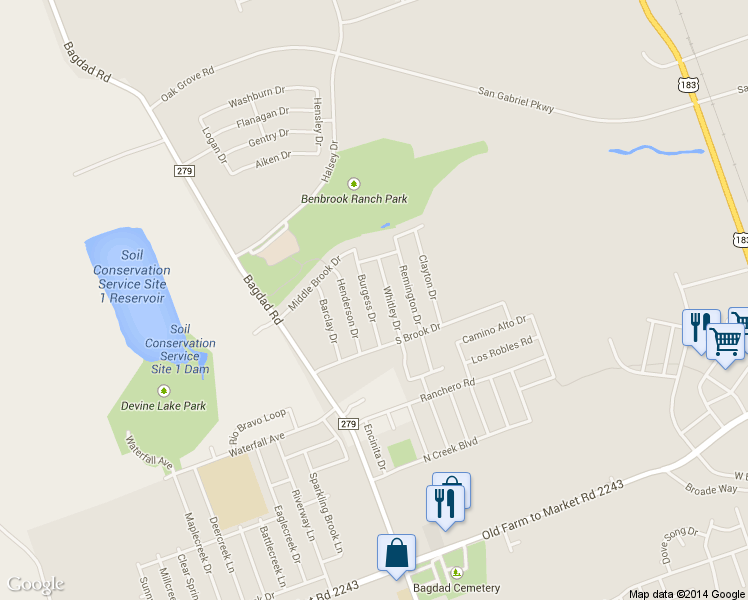 map of restaurants, bars, coffee shops, grocery stores, and more near 1104 Burgess Drive in Leander