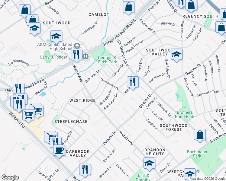 map of restaurants, bars, coffee shops, grocery stores, and more near 824 San Saba Drive in College Station