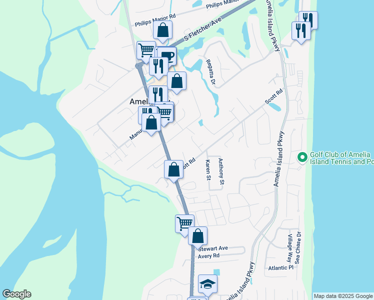 map of restaurants, bars, coffee shops, grocery stores, and more near 4946 Island Lane in Fernandina Beach