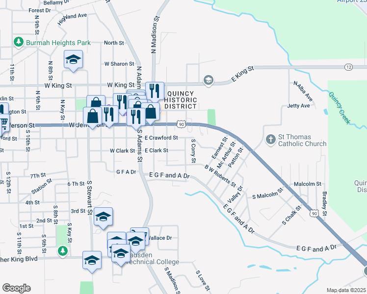 map of restaurants, bars, coffee shops, grocery stores, and more near 234 East Clark Street in Quincy
