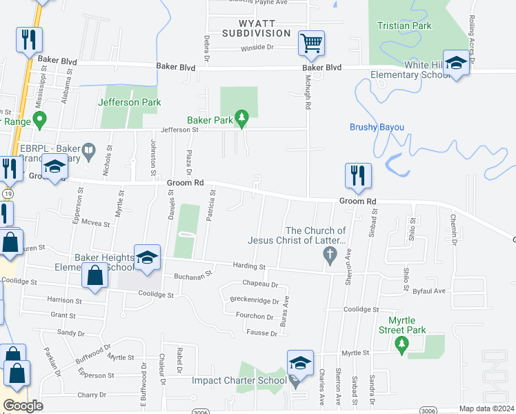 map of restaurants, bars, coffee shops, grocery stores, and more near 1133 Husband Street in Baker