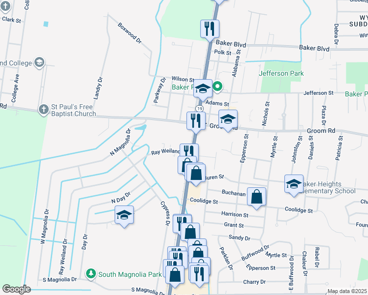 map of restaurants, bars, coffee shops, grocery stores, and more near 3033 Ray Weiland Drive in Baker