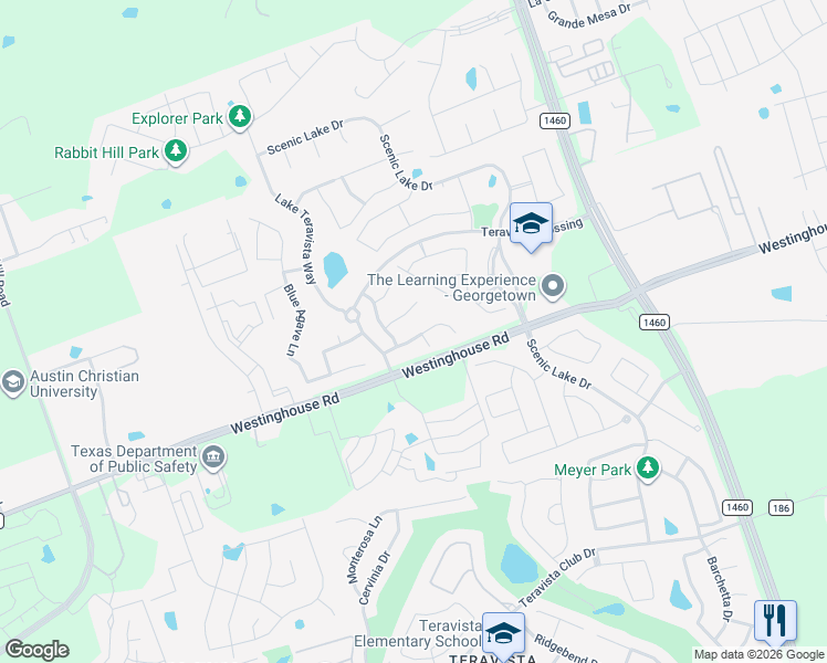 map of restaurants, bars, coffee shops, grocery stores, and more near 201 Summer Azure Street in Georgetown