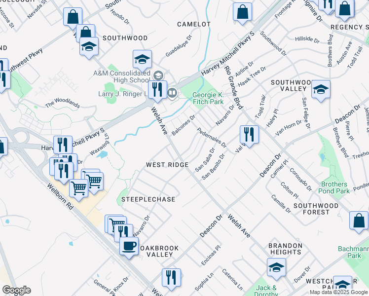 map of restaurants, bars, coffee shops, grocery stores, and more near 705 San Pedro Drive in College Station