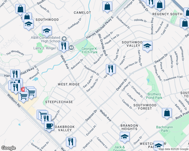 map of restaurants, bars, coffee shops, grocery stores, and more near 824 San Saba Drive in College Station