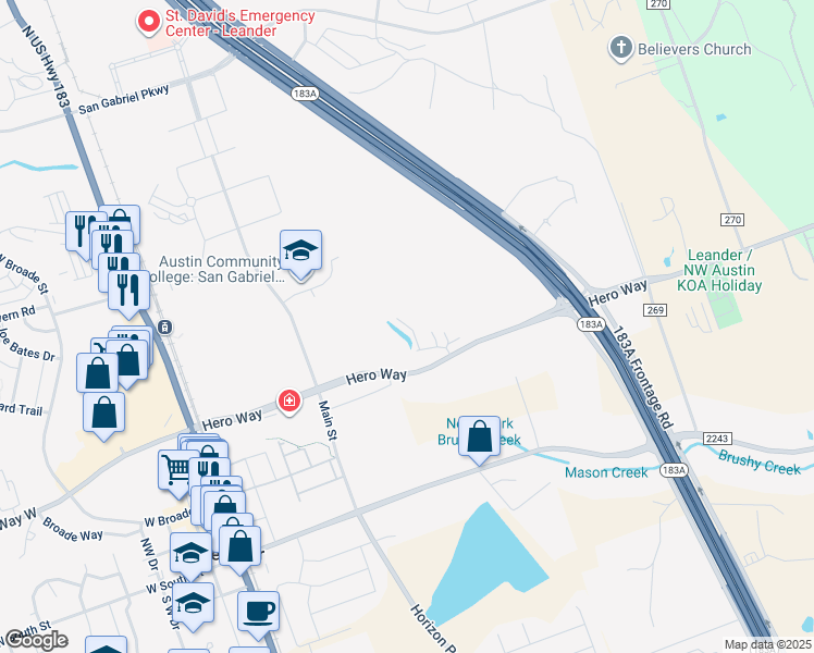 map of restaurants, bars, coffee shops, grocery stores, and more near 460 Leo Lane in Leander