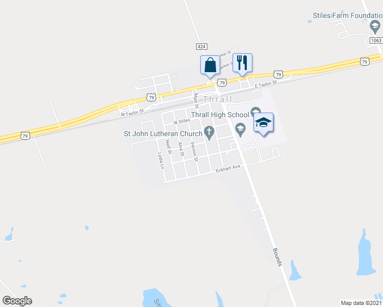 map of restaurants, bars, coffee shops, grocery stores, and more near 406 Vernon St in Thrall