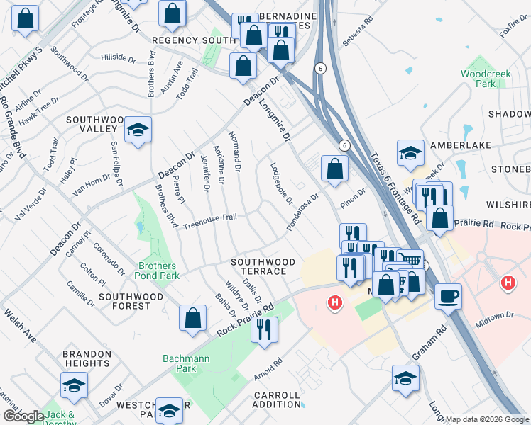 map of restaurants, bars, coffee shops, grocery stores, and more near 3003 Longleaf Drive in College Station