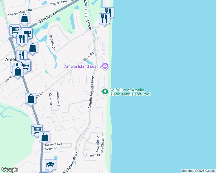 map of restaurants, bars, coffee shops, grocery stores, and more near 4972 Sea Watch Drive in Fernandina Beach