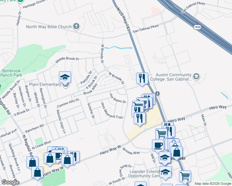 map of restaurants, bars, coffee shops, grocery stores, and more near 328 Chalk Knob Manor in Leander