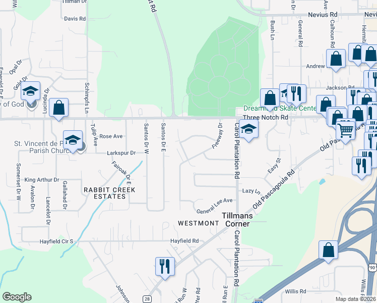 map of restaurants, bars, coffee shops, grocery stores, and more near 5023 Freeway Lane in Mobile