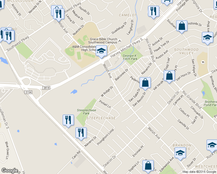map of restaurants, bars, coffee shops, grocery stores, and more near 618 West Ridge Drive in College Station
