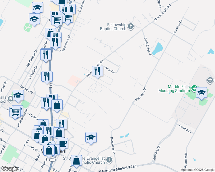 map of restaurants, bars, coffee shops, grocery stores, and more near 606 Woodland Park Drive in Marble Falls
