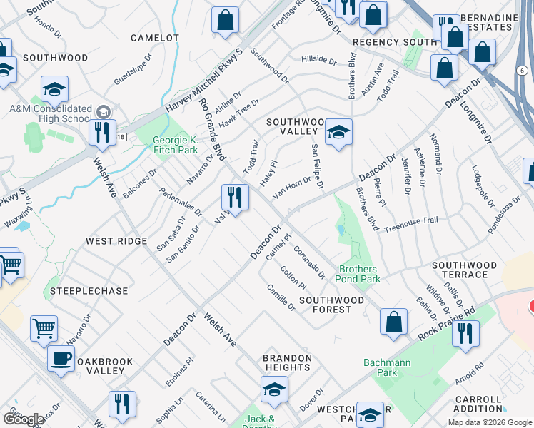 map of restaurants, bars, coffee shops, grocery stores, and more near 2807 Cimarron Court in College Station