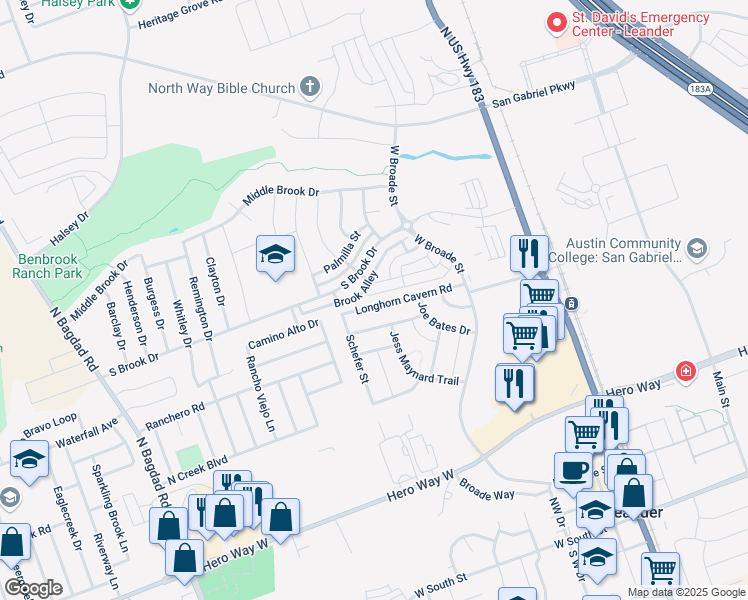 map of restaurants, bars, coffee shops, grocery stores, and more near 533 Longhorn Cavern Road in Leander