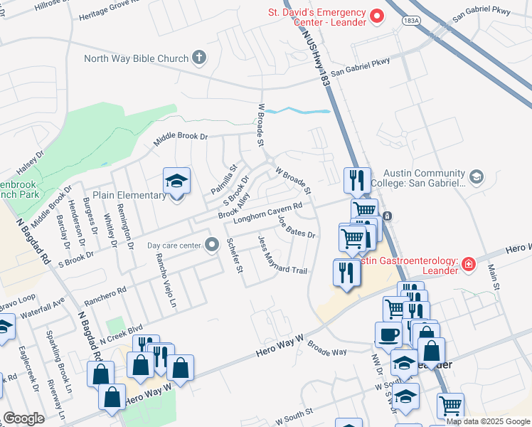 map of restaurants, bars, coffee shops, grocery stores, and more near Longhorn Cavern Road in Leander