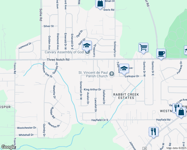 map of restaurants, bars, coffee shops, grocery stores, and more near 5001 Camelot Drive West in Mobile