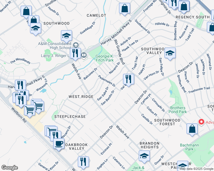map of restaurants, bars, coffee shops, grocery stores, and more near 824 San Saba Drive in College Station