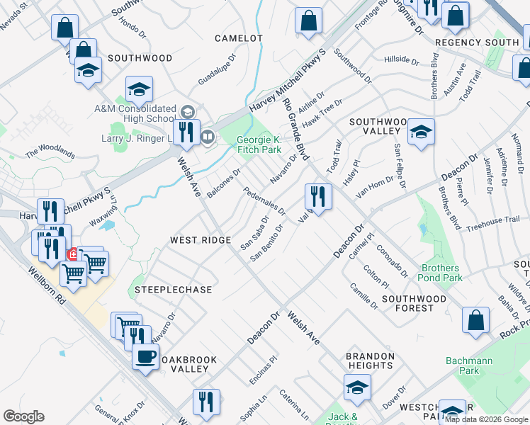 map of restaurants, bars, coffee shops, grocery stores, and more near 823 San Saba Drive in College Station