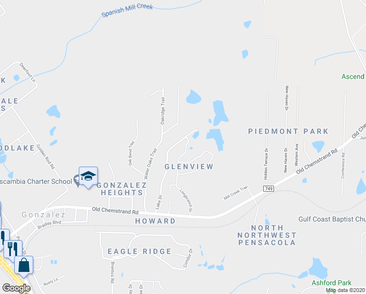 map of restaurants, bars, coffee shops, grocery stores, and more near 1343 Longbranch Drive in Cantonment