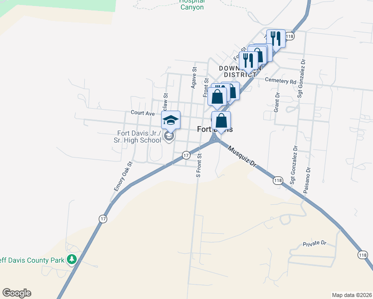 map of restaurants, bars, coffee shops, grocery stores, and more near 311 Agave Street in Fort Davis